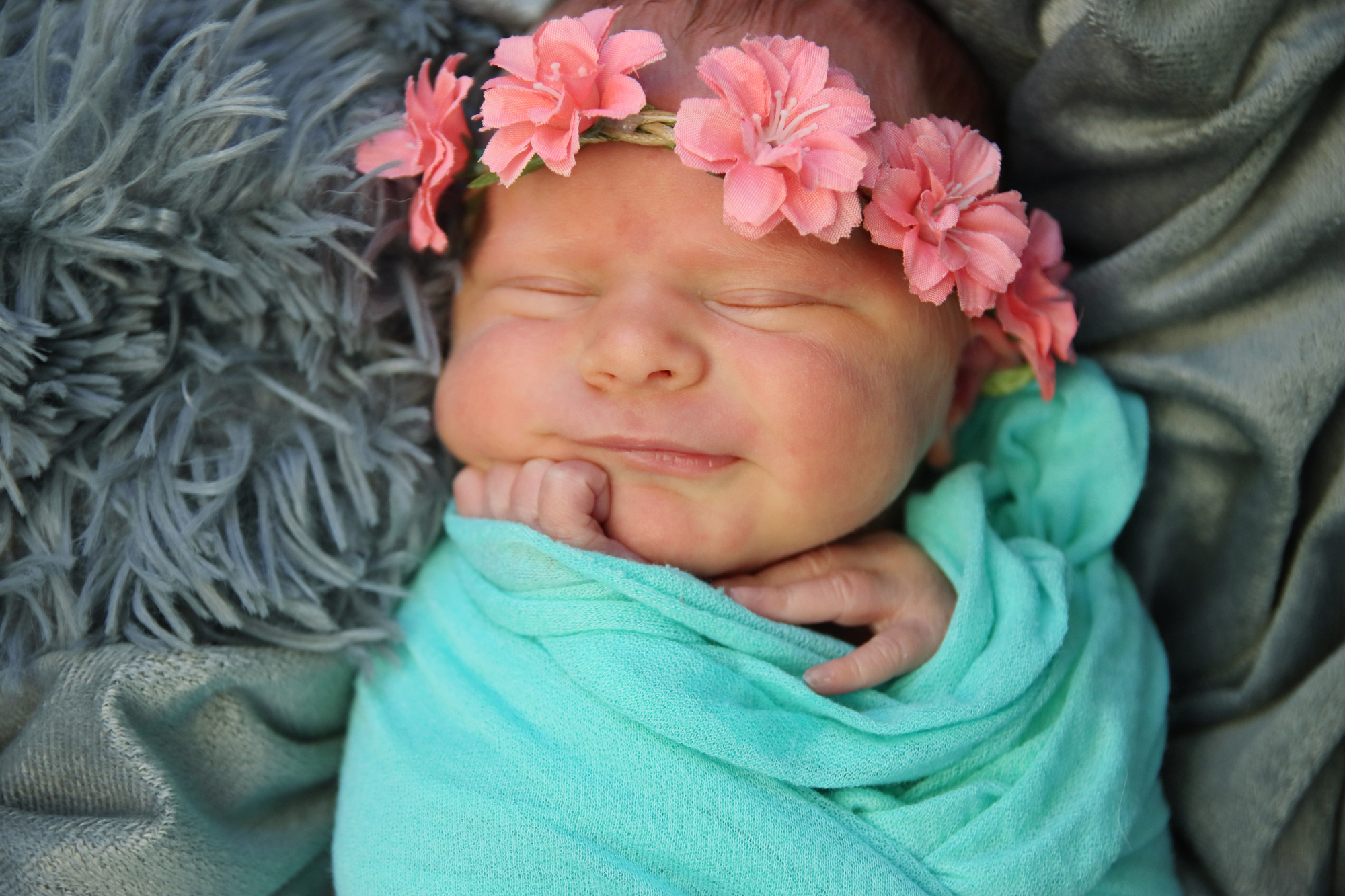 newborn little girl in a grey blanket and a pink rose crown